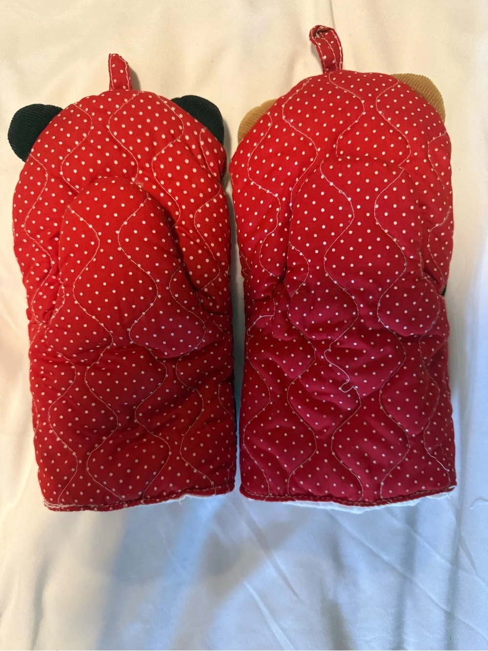 Vintage 1987 Avon Quilted Panda & Teddy Bear Oven Mitts Set Corduroy Novelty